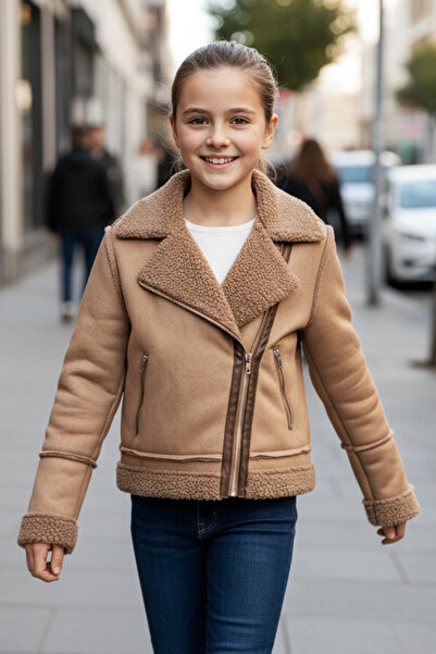 Giyyin Кафяво плюшено палто от агнешко набук за момиче