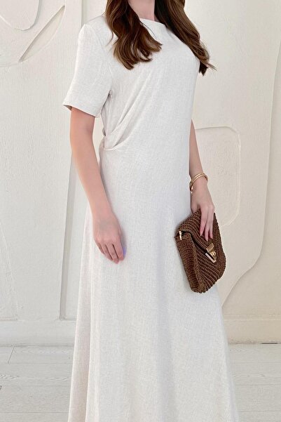 Elbee Fashion Woman Μπεζ Πλισέ Φόρεμα Crew Neck