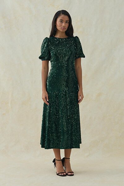 Elbee Fashion Woman Φόρεμα με παγιέτες σμαραγδί μεσαίου μήκους