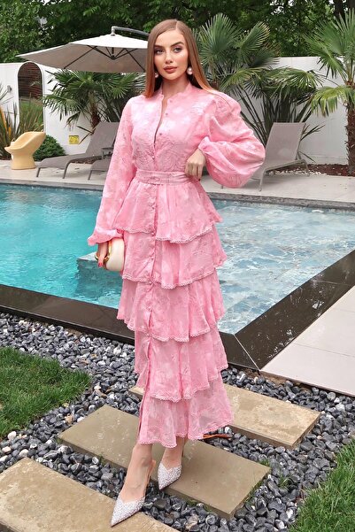 Elbee Fashion Woman Rochie roz cu volane, cu dungi, în straturi