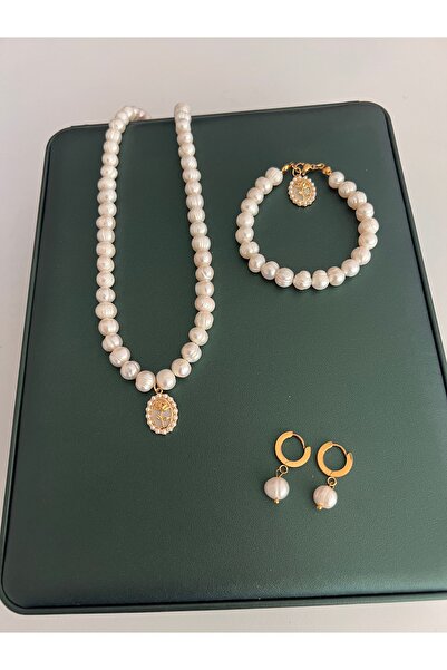 Harikalar Aksesuar Sertifikalı Gerçek Doğal Beyaz Inci Kadın Bileklik Küpe Kolye Çelik Klips Oval Gül Charm