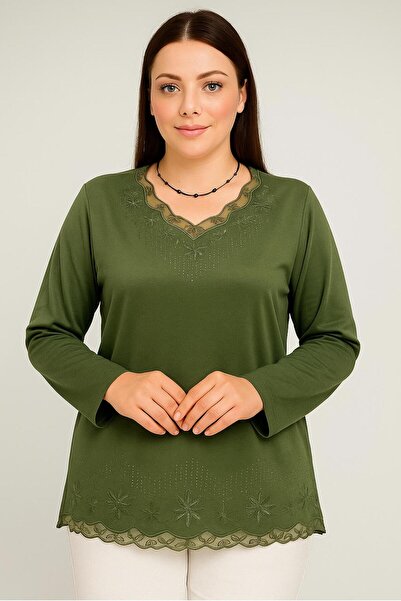 BURSPA Χαλαρή εφαρμογή με λαιμόκοψη σε σχήμα V, με τούλι και κέντημα με πέρλες, χακί μπλούζα από χτενισμένο βαμβάκι