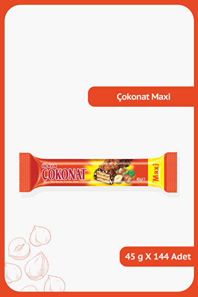 Ülker ÇOKONAT Maxi-Sütlü Çikolata ve Fındık Parçacığı Kaplamalı Fındıklı Kremalı Gofret-45 gram-144 Adet