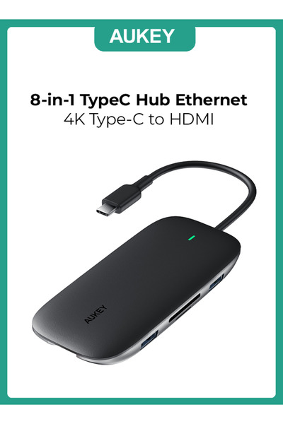 AUKEY موزع PD 8 في 1 من النوع C بقوة 100 وات مع منفذ إيثرنت، وHDMI بدقة 4K بتردد 30 هرتز، و3 منافذ USB