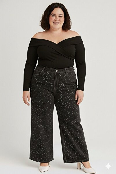 ELONİ Super Battal Large Size Wide Leg Stretch Fabric Stone Denim Pants