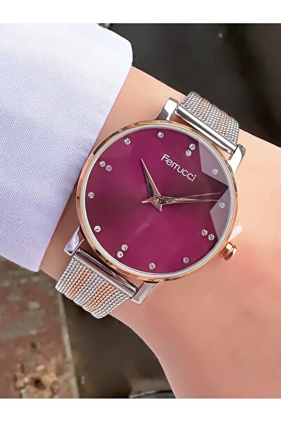 Ferrucci Kadın Rose Gümüş Kalp Ve Taş Detaylı Eflatun Kadran - Zarif Çerçeve Metal Kordon