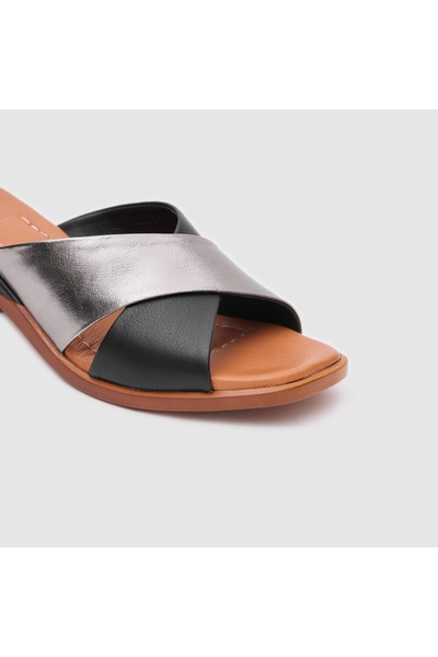 TOGO Siyah Lame Hakiki Deri Kadın Topuklu Terlik [060195]