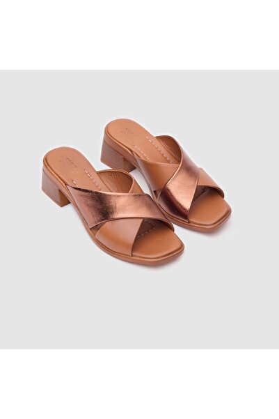 TOGO Taba Bronz Hakiki Deri Kadın Topuklu Terlik [060195]