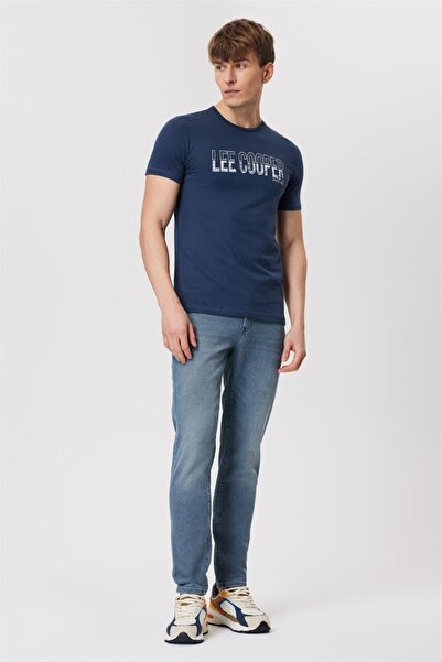 Lee Cooper تي شيرت رجالي ضخم 100% قطن برقبة دائرية باللون النيلي الداكن