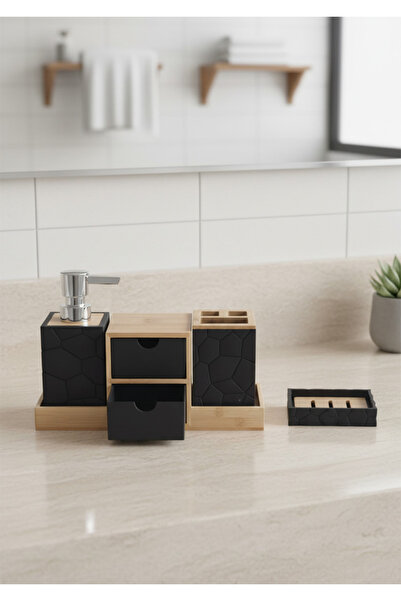 HomeTarz Akrilik Bambu Banyo Seti - Çekmeceli Standlı 5 Parça Banyo Takımı
