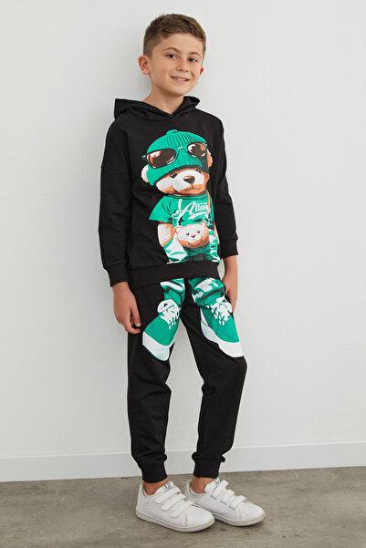 Fulla Moda Teddy Bear Printed Hooded Jogger Boy's Set