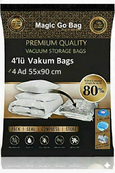 Magic Saver Bag 4 Adet Xlarge Beden (55x90)Cm Premium Vakumlu Yorgan,Yastık,G...