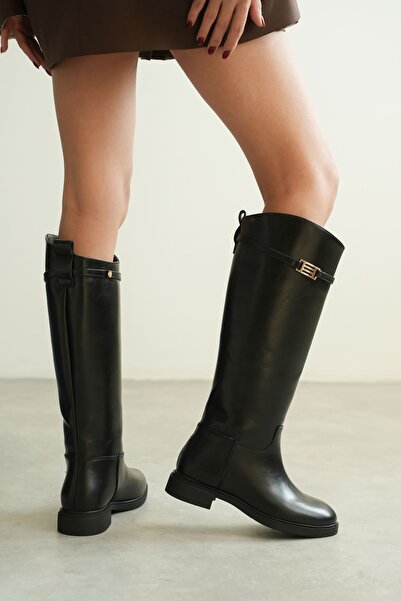 MODAADAM Cizme Nantes pentru damă, cu talpă plată, cu cataramă - negru-patentate