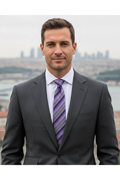 1001 Kravat Gri Lila Çizgili 8 cm Genişliğinde Kravat