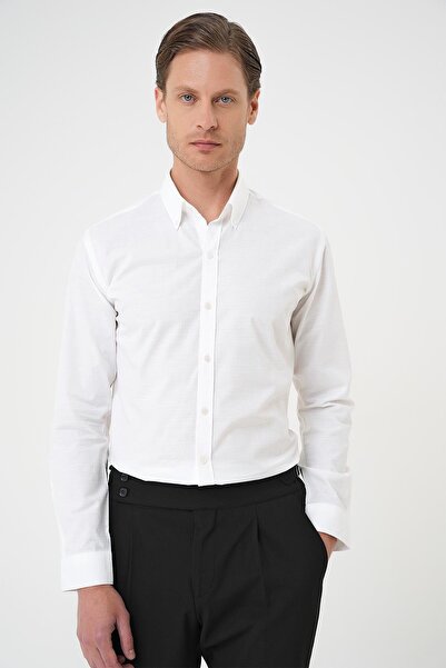 Efor Slim Fit Düğmeli Yaka Dokulu %100 Pamuk Klasik Beyaz 2 Gömlek Gk 726