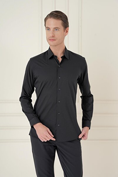 Efor Men's Slim Fit Cotton Long Sleeve Classic Black Shirt Gk 745