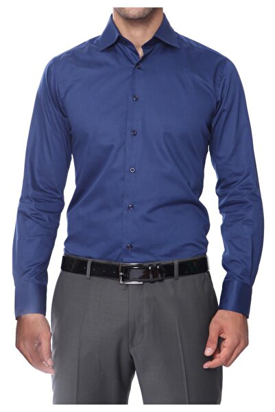 Efor Slim Fit Klasik Yaka Pamuk Saten Uzun Kol Lacivert Gömlek Gk 214