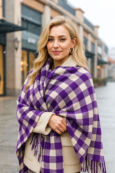 Axesoire 15138 Kareli Püsküllü Mor Yumuşak Dokulu Kalın Şal Atkı