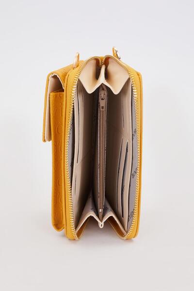 Levidor Monogram Printed Mustard Wallet with Phone Compartment and Chain Strap - 0053c100