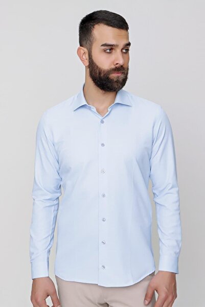 Efor Slim Fit Pamuk Saten Klasik Açık Mavi Gömlek Gk 604