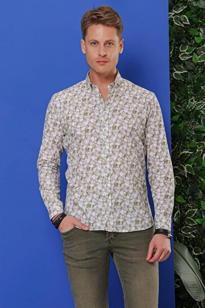 Efor G 1542 Slim Fit Haki Klasik Gömlek