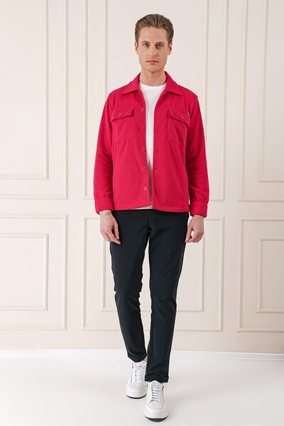 Efor Comfort Fit Kapaklı Cep Fitilli Dokuma Esnek Pamuk Kırmızı Gömlek Ceket G 1561