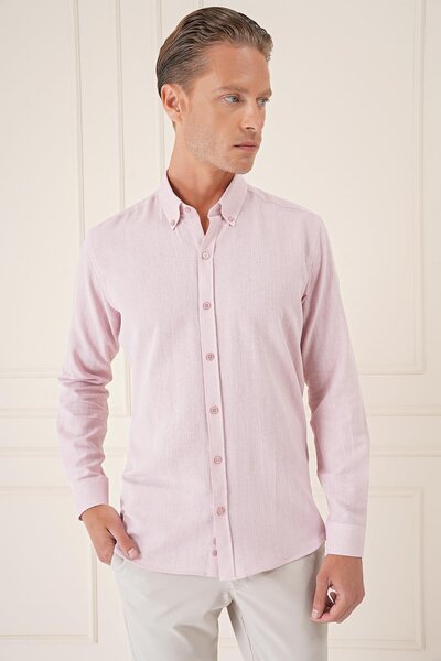 Efor Slim Fit Düğmeli Yaka %100 Pamuk Klasik Pudra Gömlek Gk 723