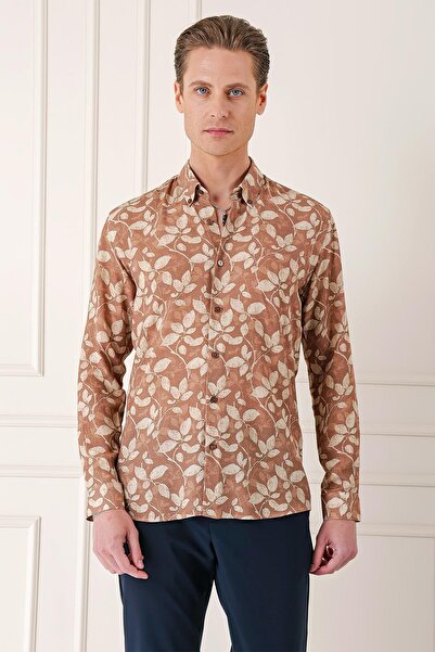 Efor Comfort Fit Düğmeli Yaka Yaprak Desenli Pamuk Casual Vizon Gömlek G 1567