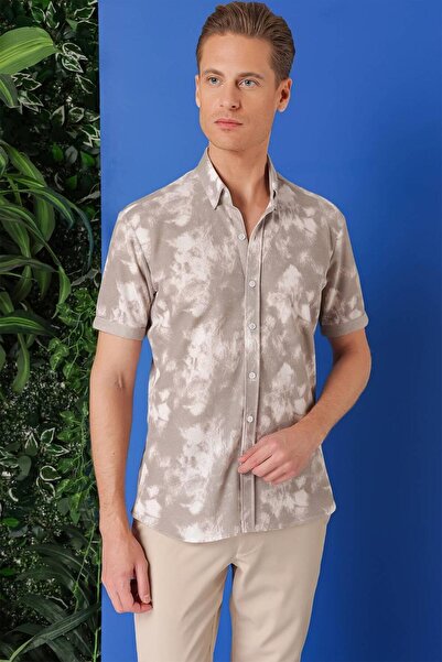 Efor Slim Fit Düğmeli Yaka Batik Desenli Kısa Kol Pamuk Bej Gömlek G 1502