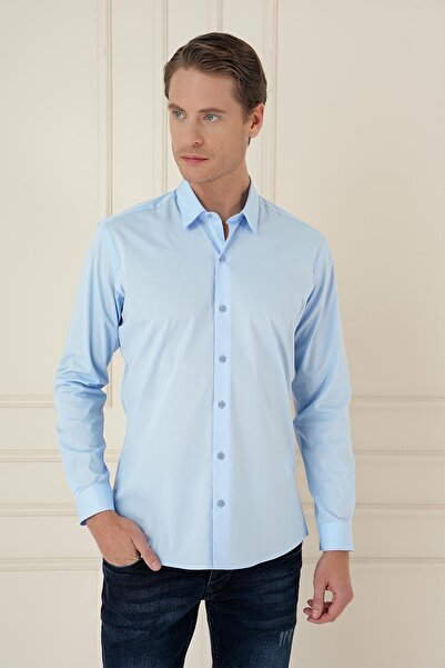 Efor Men's Slim Fit Cotton Long Sleeve Classic Blue Shirt Gk 745