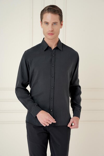 Efor Men's Slim Fit 100% Modal Long Sleeve Classic Black Shirt Gk 743