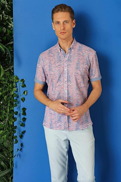 Efor Slim Fit Düğmeli Yaka Desenli Kısa Kol Pamuk Lila Gömlek G 1499