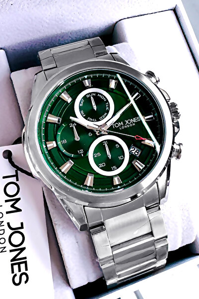 Tom Jones ساعة يد رجالية أصلية ذات علبة مربعة مقاومة للماء وسلك فولاذي فضي ال...