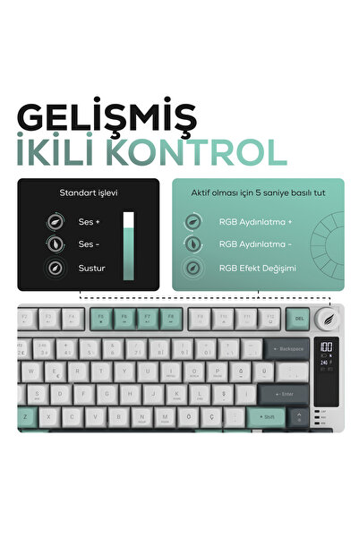 Hawk Gaming Chair HK255 Membrane LCD RGB Kablosuz/Bluetooth Gri Yeşil %75 Türkçe Gaming Oyuncu Klavye