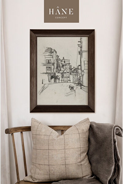 Hane Concept El Çizimi Tarzında Çerçeveli Şehir Tablosu, Eskiz Görünümlü Sana...