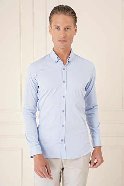Efor Slim Fit Düğmeli Yaka Esnek Pamuk Klasik Mavi Gömlek Gk 727
