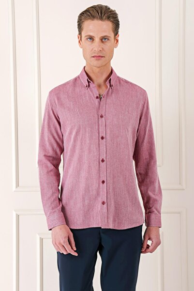 Efor Slim Fit Düğmeli Yaka %100 Pamuk Klasik Bordo Gömlek Gk 723