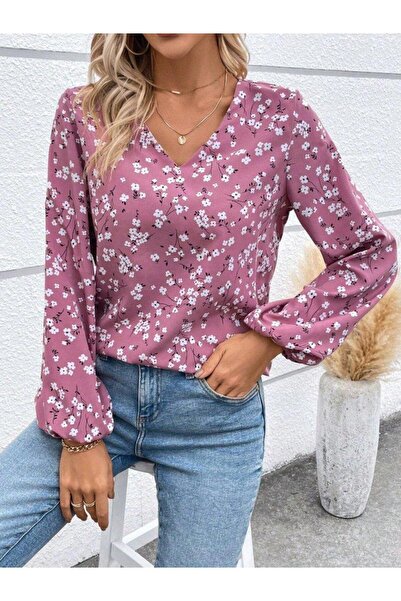 ARONA Women's long sleeve v neck floral pattern modal blouse