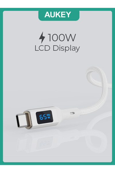 AUKEY كابل USB-C إلى USB-C مضفر من النايلون مع شاشة LCD بطول 1 متر وقوة 100 وات، أبيض