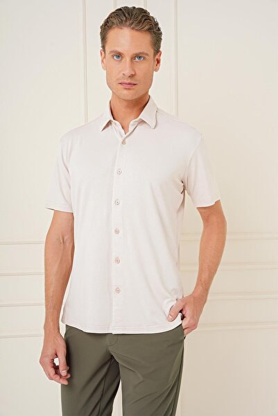 Efor Comfort Fit Spor Yaka Kısa Kol Esnek Pamuk Bej Gömlek G 1573