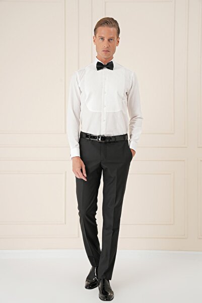 Efor Slim Fit Duble Manşet Klasik Yaka Piliseli Beyaz Damatlık Smokin Gömlek Gk 732