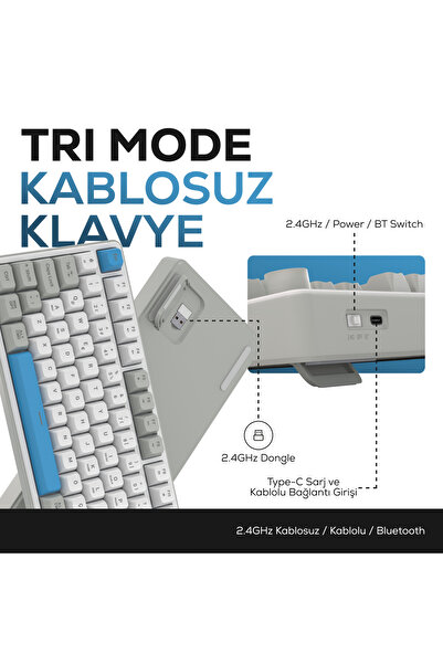 Hawk Gaming Chair HK258 Membrane LCD RGB Kablosuz/Bluetooth Beyaz Mavi Full Türkçe Gaming Oyuncu Klavye