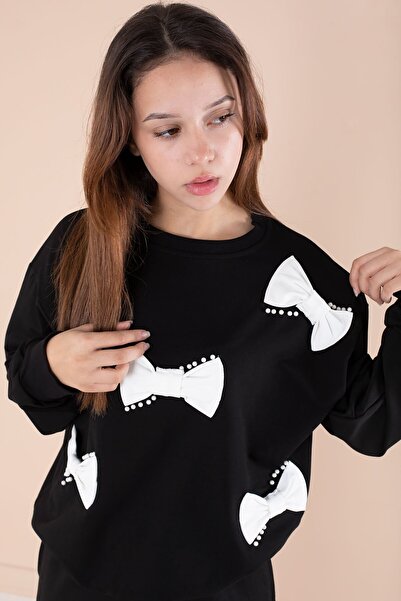 Cansın Mini Black Bow and Pearl Detailed Girls' Crew Neck 2-Piece Tracksuit Set 21205