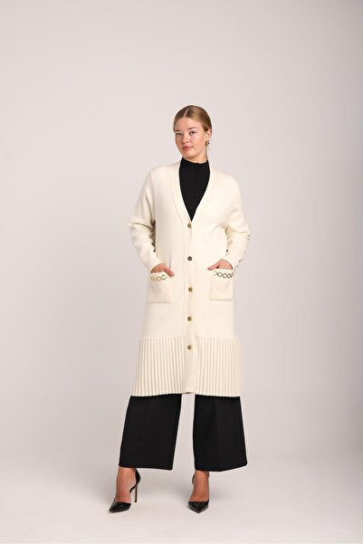 Uludağ Triko Women's Ecru Pleated Pocketed Knitwear Long Cardigan