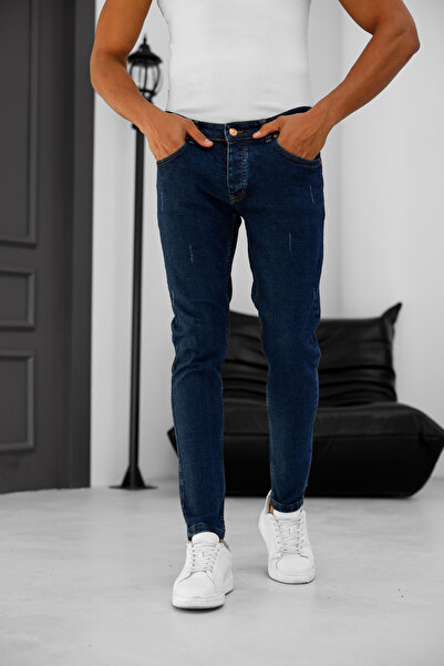 MODAMESTO Чоловічі сині джинси Slim Fit з еластичною тканиною, вузькими штанинами та лазерною обробкою