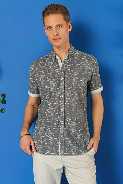 Efor Slim Fit Düğmeli Yaka Desenli Kısa Kol Pamuk Füme Gömlek G 1499
