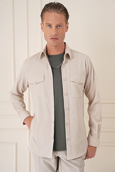 Efor Comfort Fit Yan Cep Çıtçıtlı Esnek Pamuk Koyu Bej Gömlek Ceket G 1565