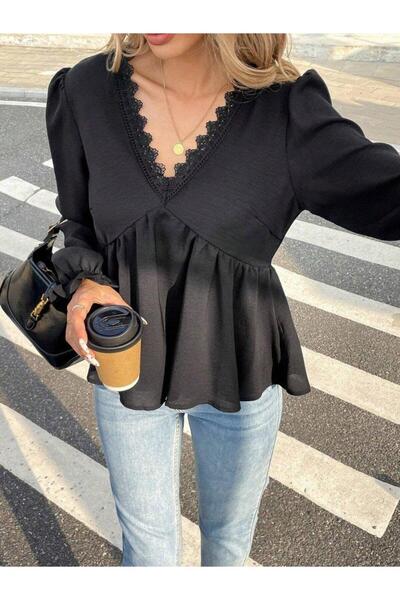 ARONA Women's Long Sleeve V Lace Neck Aerobin Blouse