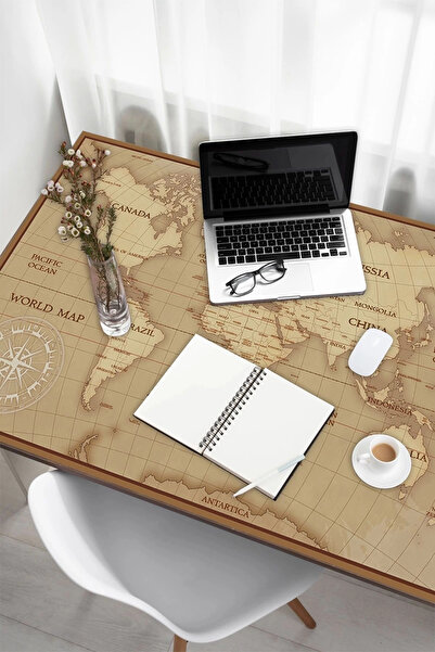 SonicTouch Vintage Retro Dünya Haritası Kaymaz Deri Dikişsiz Silinebilir Yıkanabilir Masa Matı Pad 70x140cm