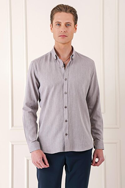 Efor Slim Fit Düğmeli Yaka %100 Pamuk Klasik Vizon Gömlek Gk 723